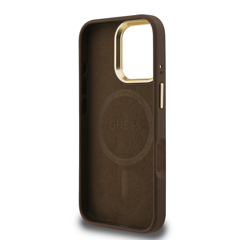 Guess iPhone 16 Pro Orjinal Lisanslı PU Deri Taşlı Üçgen Logo 4G Desenli Kamera Standlı Magsafe Telefon Kılıfı Guess iPhone 16 Pro Orjinal Lisanslı PU Deri Taşlı Üçgen Logo 4G Desenli Kamera Standlı Magsafe Telefon Kılıfı